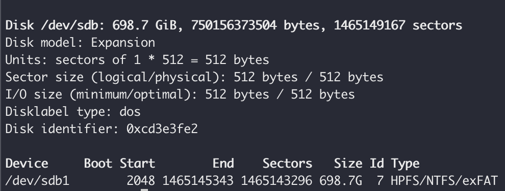 My external drive listed in fdisk's output